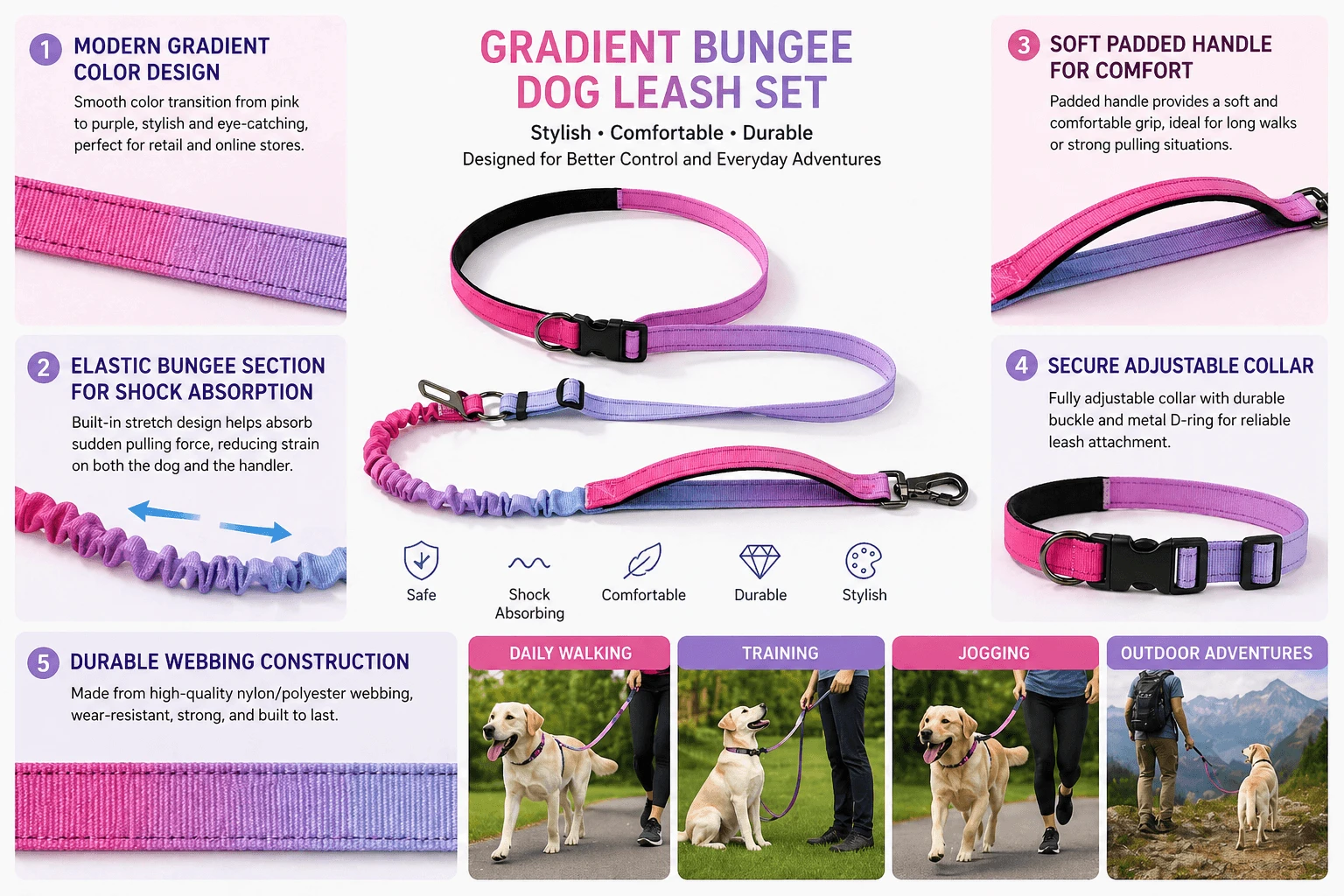 Gradient Bungee Dog Leash Set Gradient Bungee Dog Leash Set